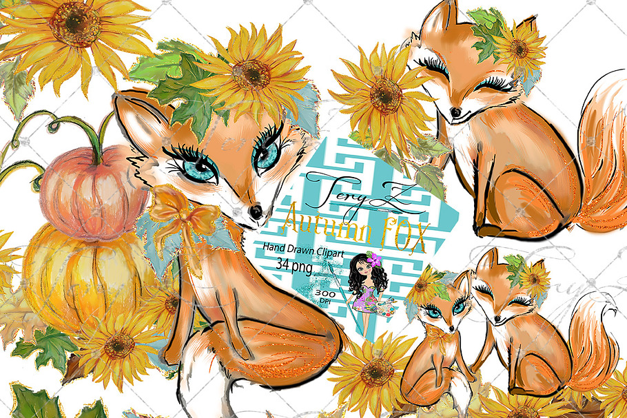 Autumn Fox Sunflowers Forest Clipart in Illustrations - product preview 8
