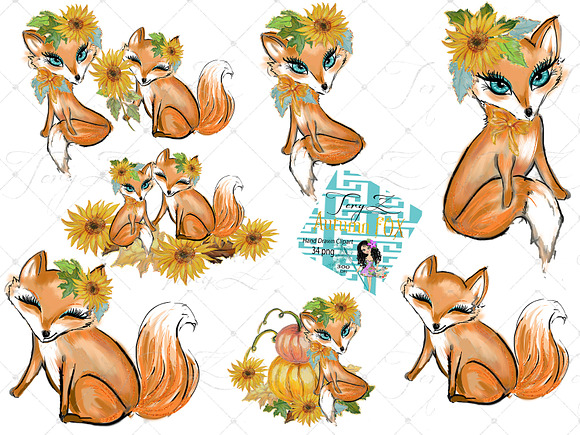Autumn Fox Sunflowers Forest Clipart in Illustrations - product preview 1