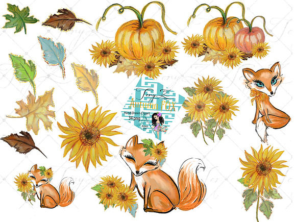 Autumn Fox Sunflowers Forest Clipart in Illustrations - product preview 2