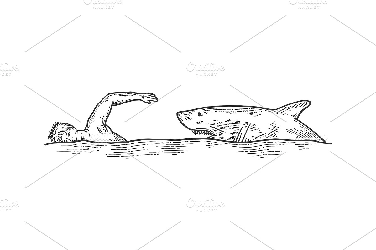 Shark chasing swimmer sketch vector in Illustrations - product preview 8