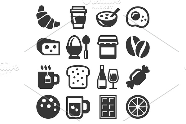 Breakfast Icons Set on White