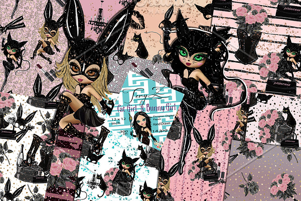 Black Cat Bunny Girl Digital Paper