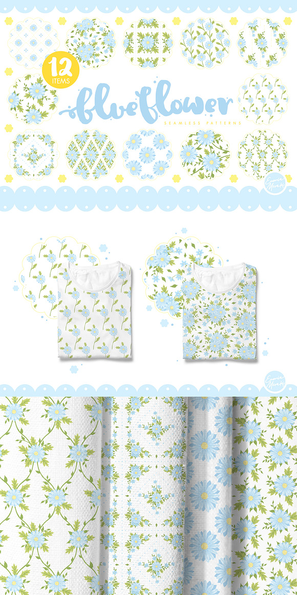 Blue Flower Seamless Patterns in Patterns - product preview 5