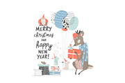 Greeting Christmas card with cute