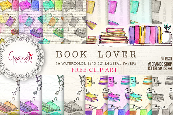 Book Lover watercolor digital paper