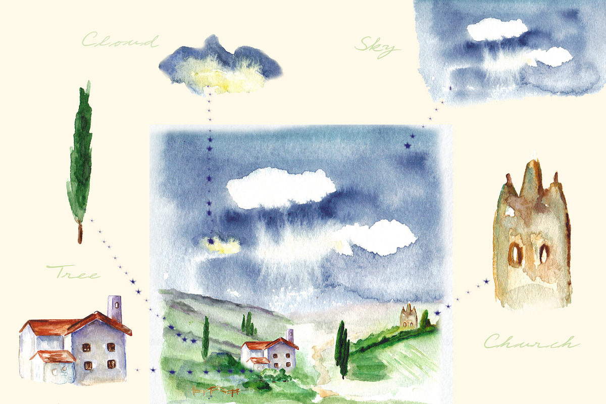 Tuscany Italy Watercolor maps & food in Illustrations - product preview 8
