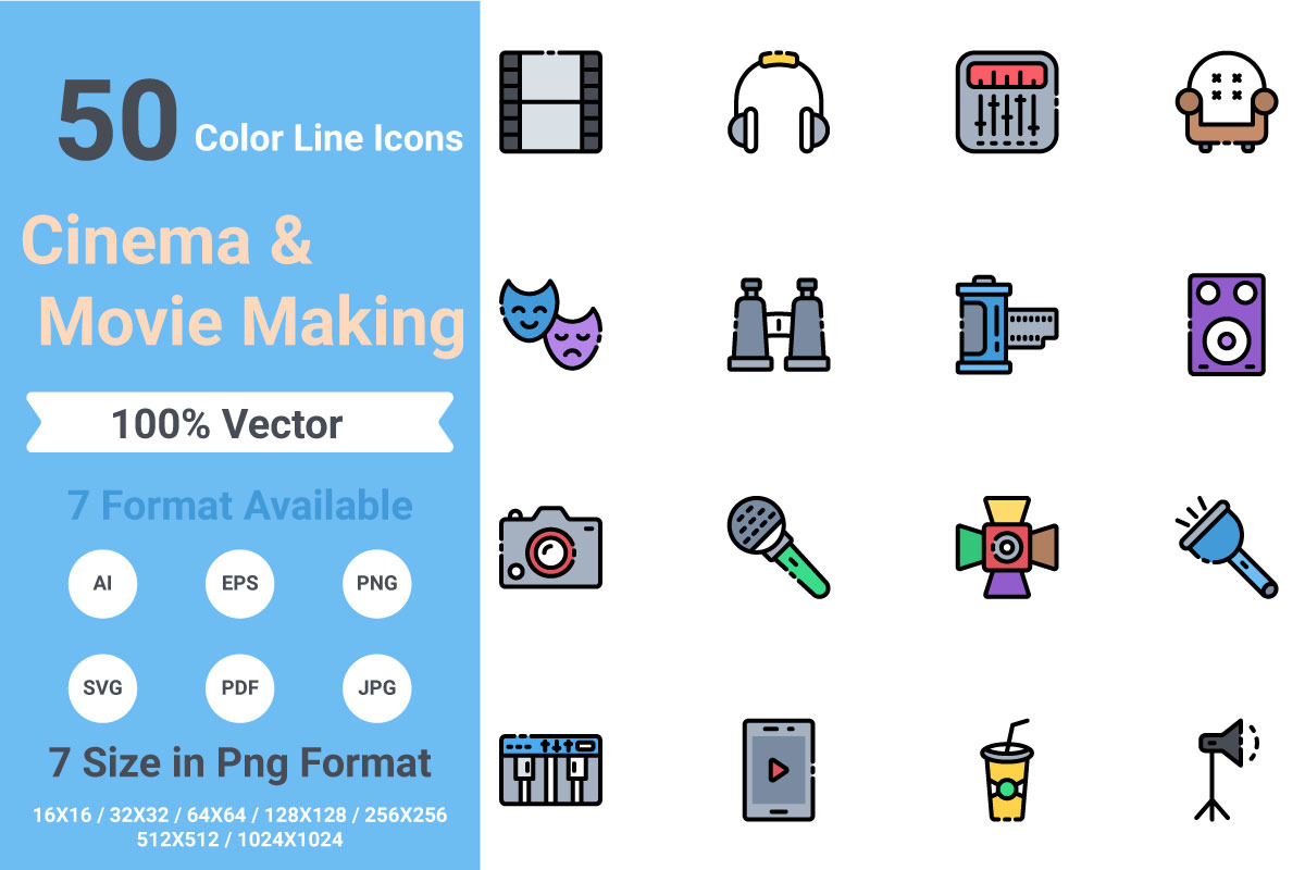 Cinema and Movie Making Color Line in Icons - product preview 8