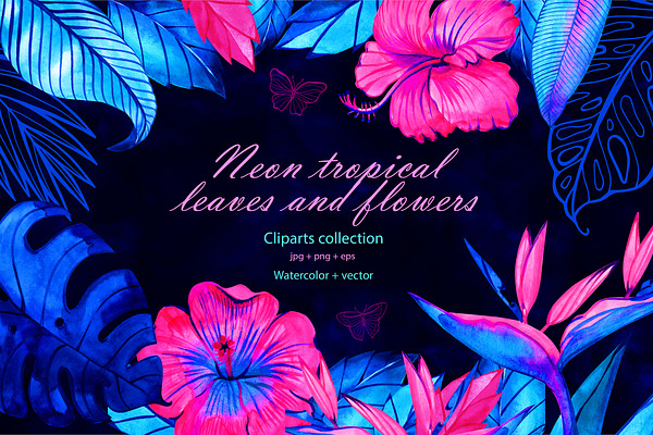 Neon tropical flowers and leaves