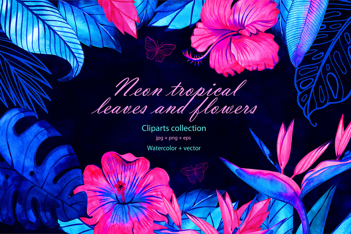 Neon tropical flowers and leaves in Objects - product preview 8
