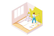 Isometric painter painting wall