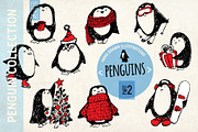 Christmas penguins. Engraving style