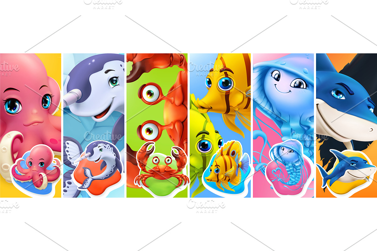 Sea animal on colorful background in Illustrations - product preview 8