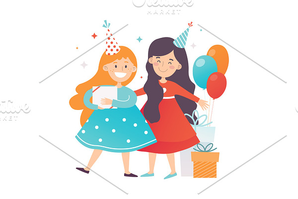 Two girls in dresses and party hats