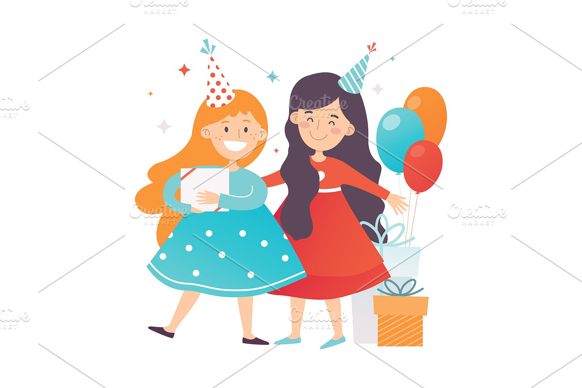 Two girls in dresses and party hats in Illustrations - product preview 8