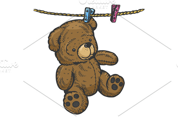 Teddy bear on rope sketch engraving