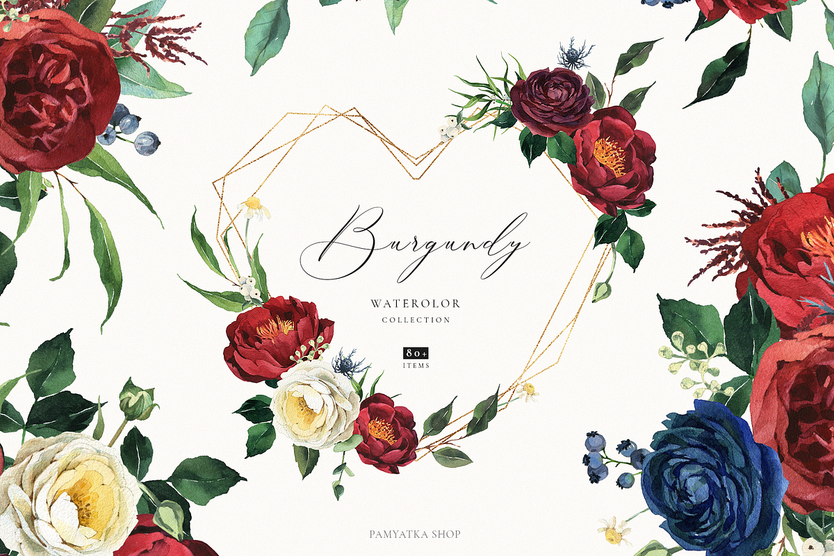 Burgundy & navy watercolor flowers in Illustrations - product preview 8
