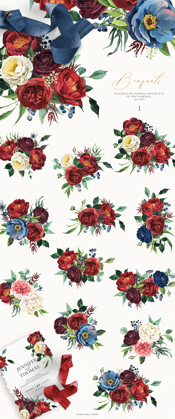 Burgundy & navy watercolor flowers in Illustrations - product preview 1