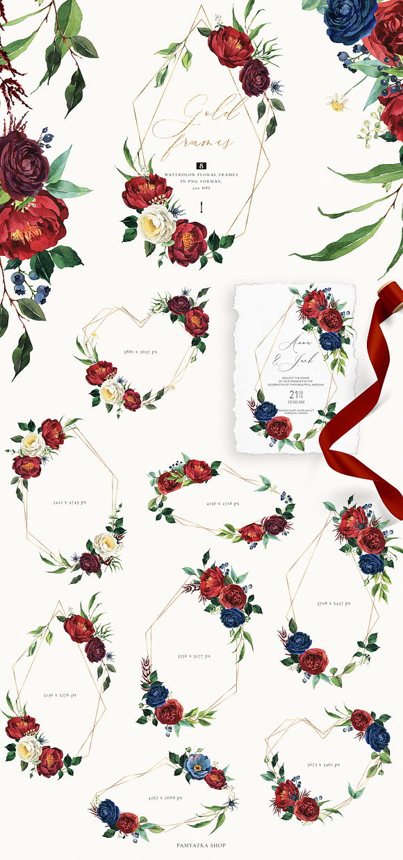 Burgundy & navy watercolor flowers in Illustrations - product preview 2