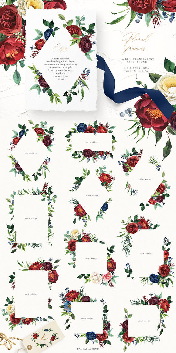 Burgundy & navy watercolor flowers in Illustrations - product preview 3