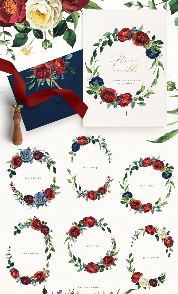 Burgundy & navy watercolor flowers in Illustrations - product preview 4