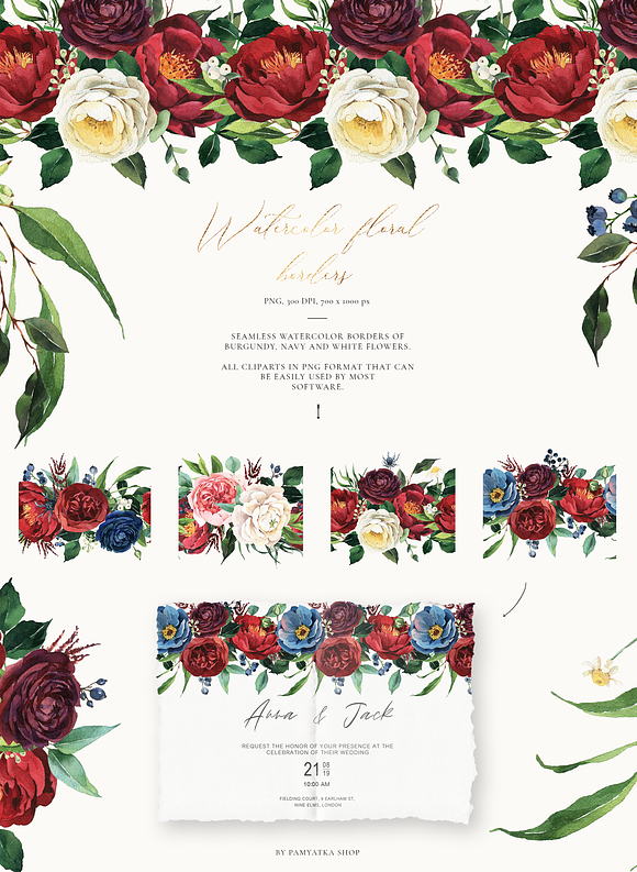 Burgundy & navy watercolor flowers in Illustrations - product preview 5