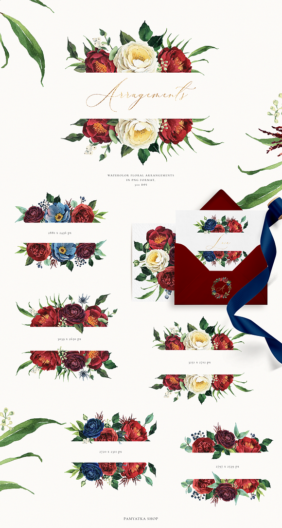 Burgundy & navy watercolor flowers in Illustrations - product preview 6