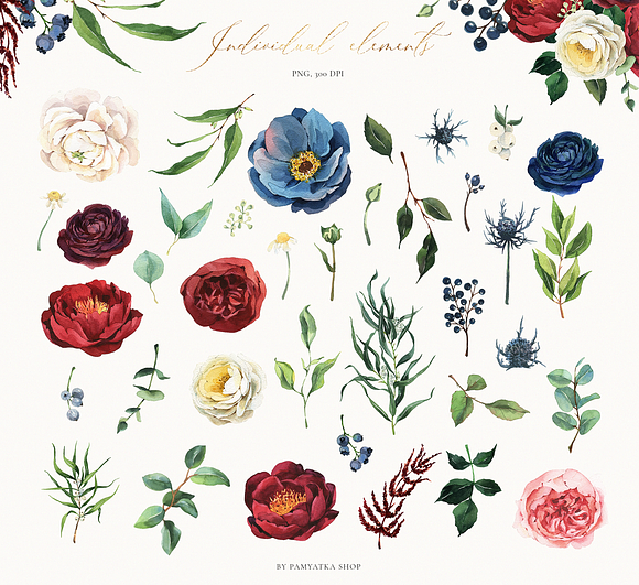 Burgundy & navy watercolor flowers in Illustrations - product preview 7