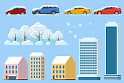 Flat isolated winter icons snowy car