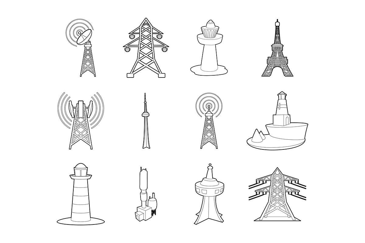 Tower icon set, outline style in Illustrations - product preview 8