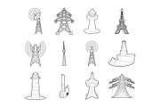Tower icon set, outline style