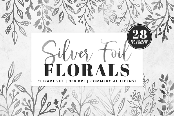 Silver Foil Floral Clipart Set