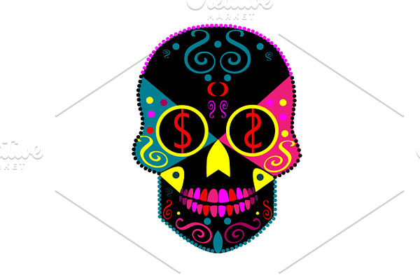 Skull icon with dollar eyes, vivid c