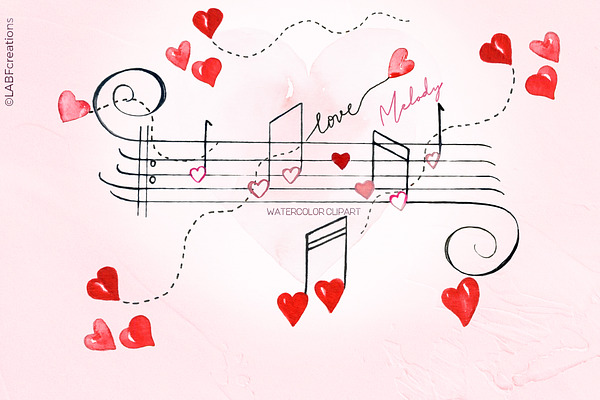 Love Melody. Watercolor Hearts.