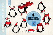 Winter penguins. Engraving style