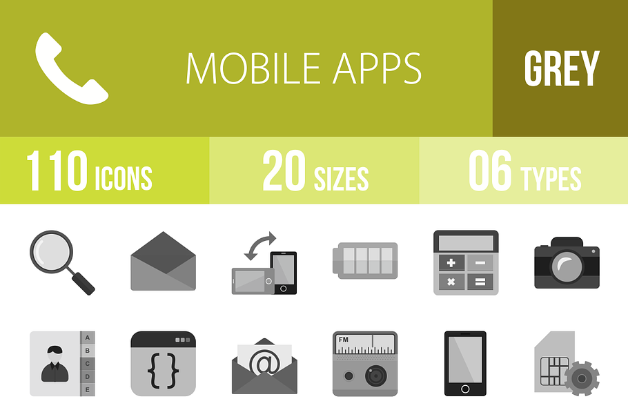 110 Mobile Apps Greyscale Icons