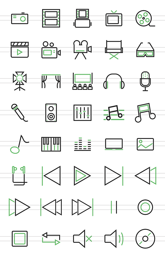 40 Multimedia Green & Black Icons in Graphics - product preview 1