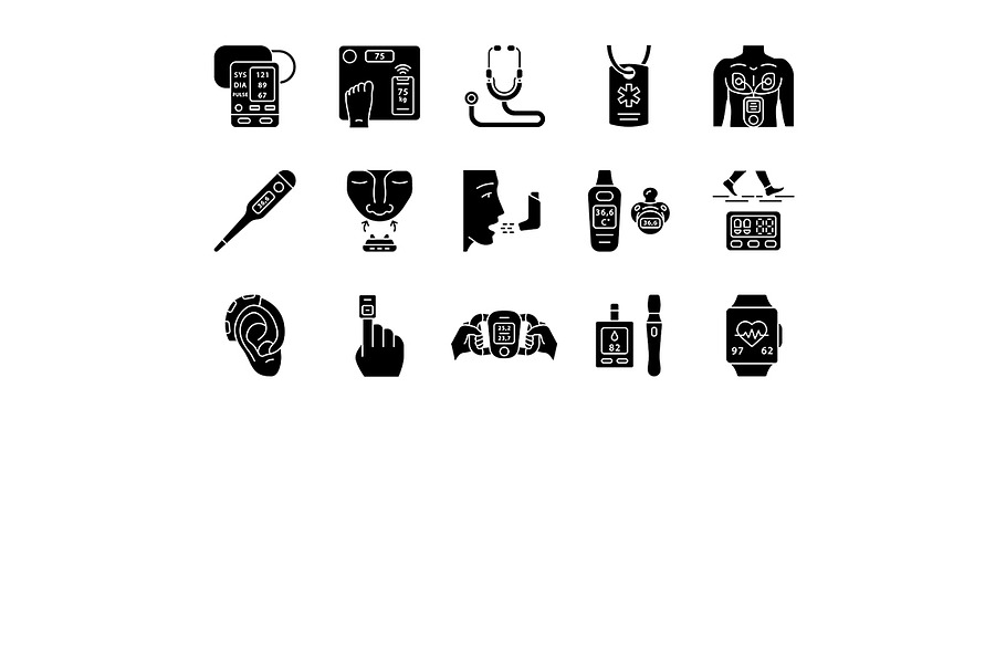 Medical devices glyph icons set
