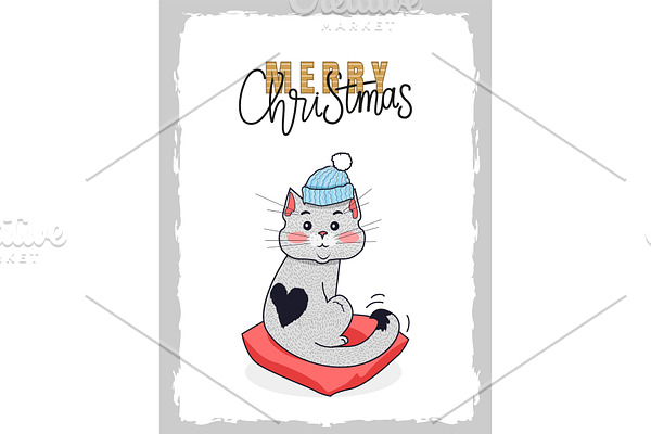 Merry Christmas Postcard Cat in