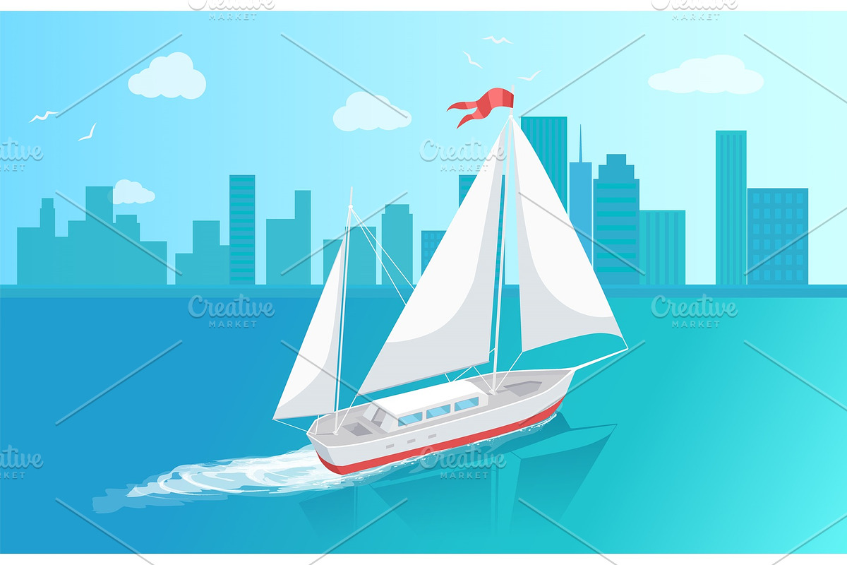 Sail Boat with White Canvas Sailing in Illustrations - product preview 8
