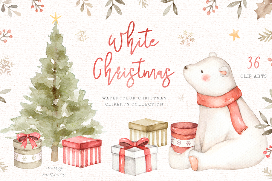 White Christmas Watercolor Clip Arts