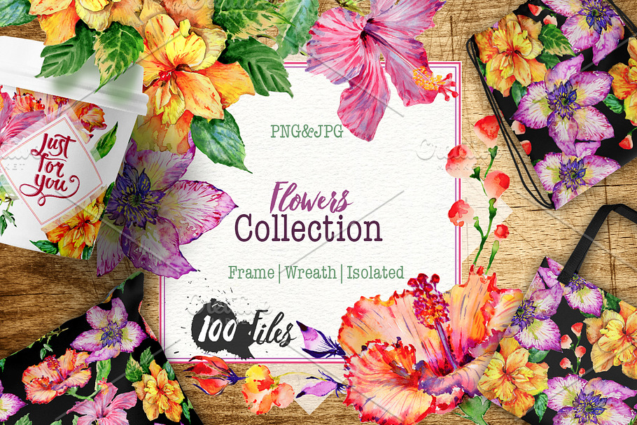 Hibiscus PNG watercolor flower set in Illustrations - product preview 8