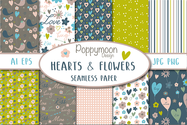 Hearts and flowers seamless paper