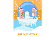 Pigs Building Snowman, New Year and