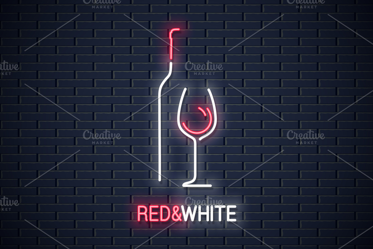 Wine glass neon sign. Bottle of wine in Illustrations - product preview 8
