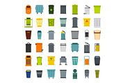 Garbage can icon set, flat style