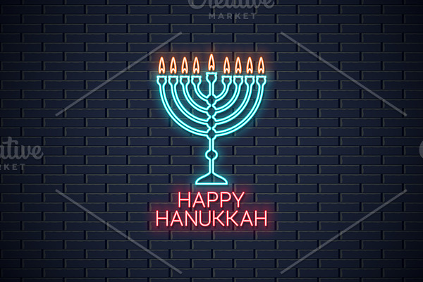 Happy hanukkah neon sign on wall.