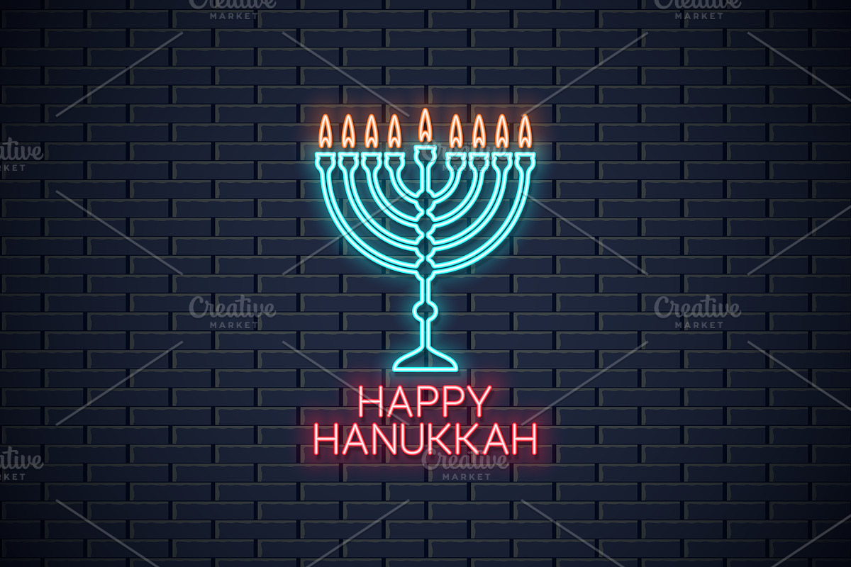 Happy hanukkah neon sign on wall. in Illustrations - product preview 8