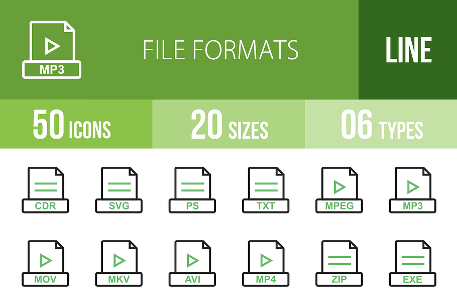 50 File Formats Green & Black Icons in Graphics - product preview 8
