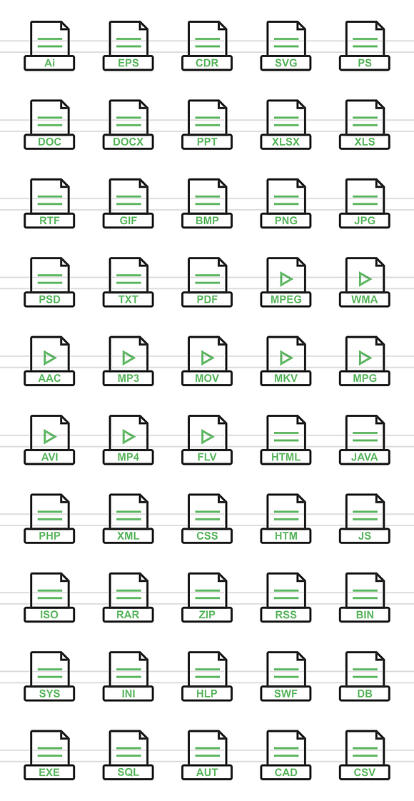 50 File Formats Green & Black Icons in Graphics - product preview 1