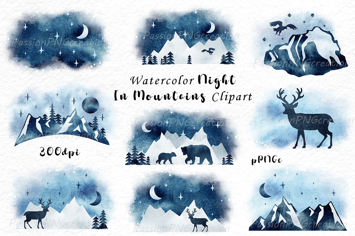Watercolor night in mountains clipar in Illustrations - product preview 8